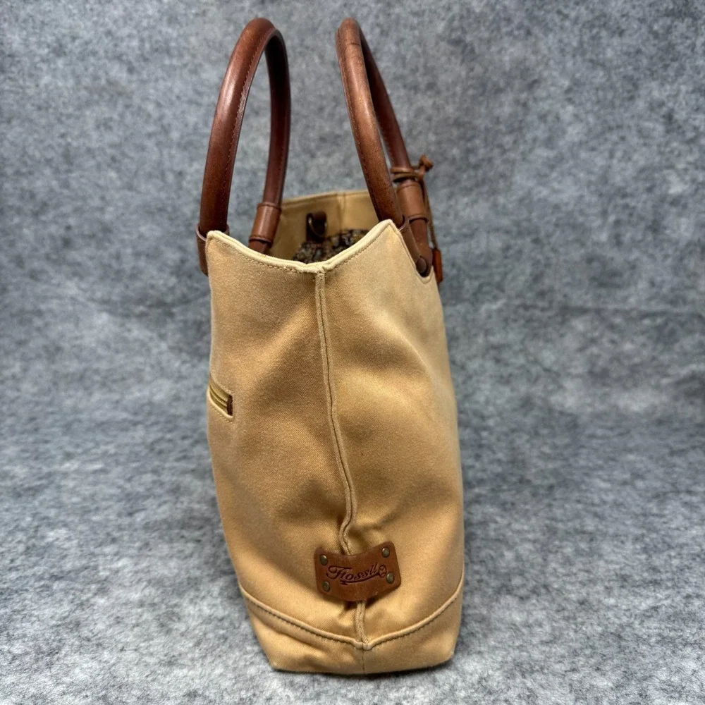 Fossil Canvas Handbag Leather Trim Circle Ring Handles Boho Hobo Wood Key